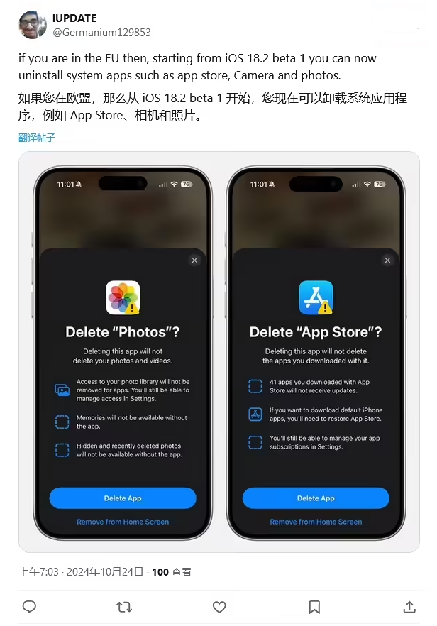 魏县苹果手机维修分享iOS 18.2 支持删除 App Store 应用商店 