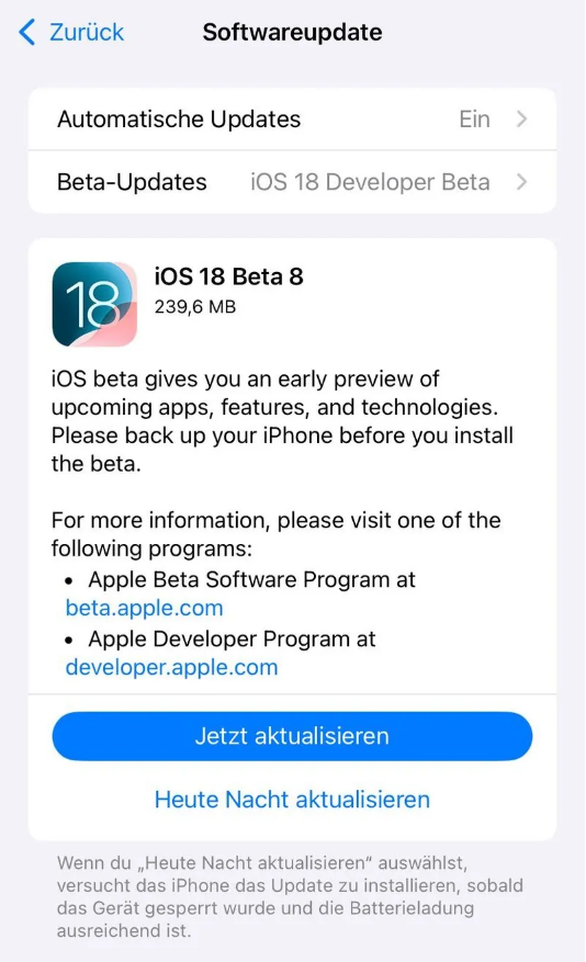 魏县苹果手机维修分享苹果 iOS / iPadOS 18 开发者预览版 Beta 8 发布 